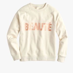 J Crew BEAUTE beauty cream ivory rose gold metallic graphic sweater sweatshirt